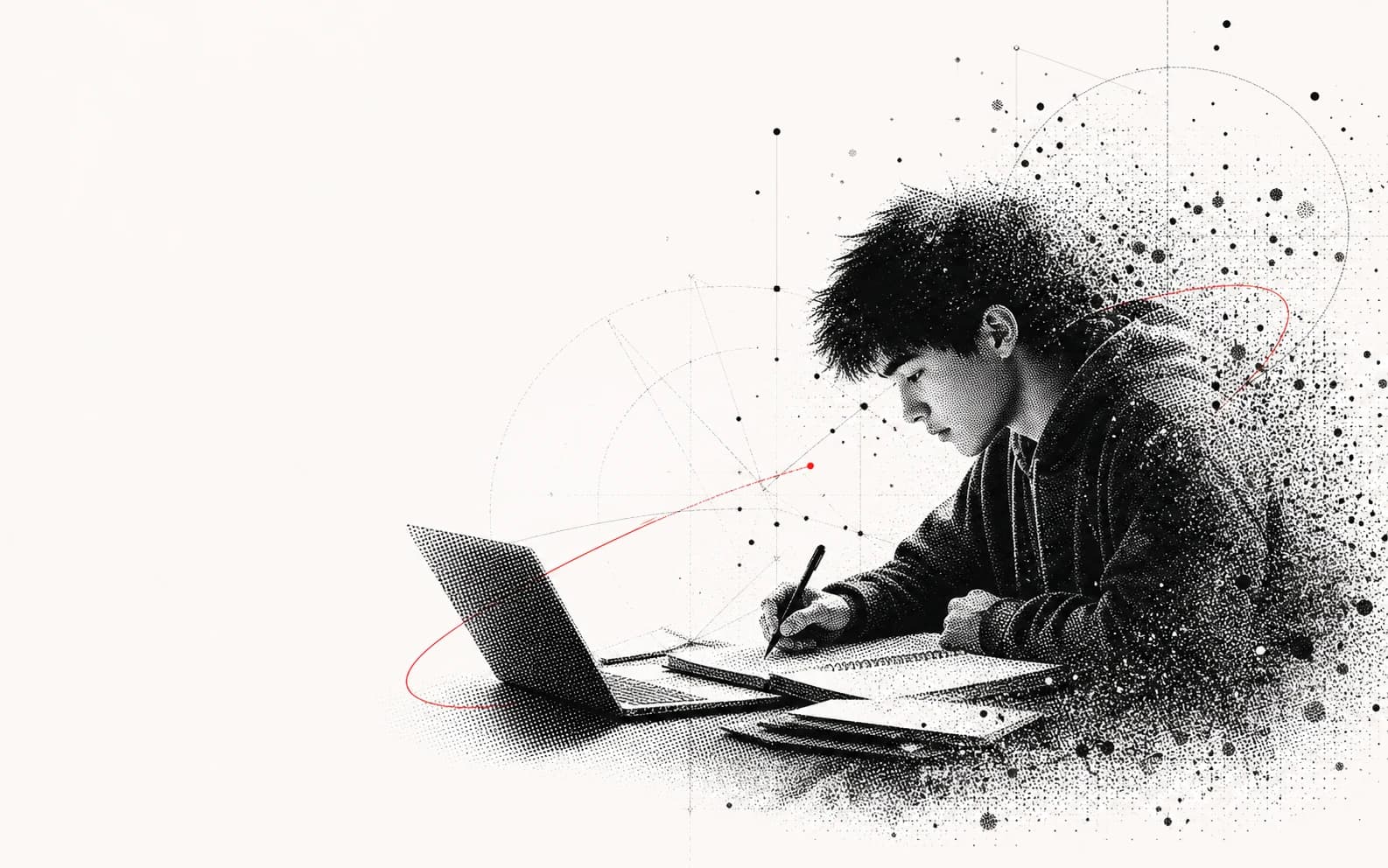A student practicing at a laptop while mathematical construction marks form around the desk
