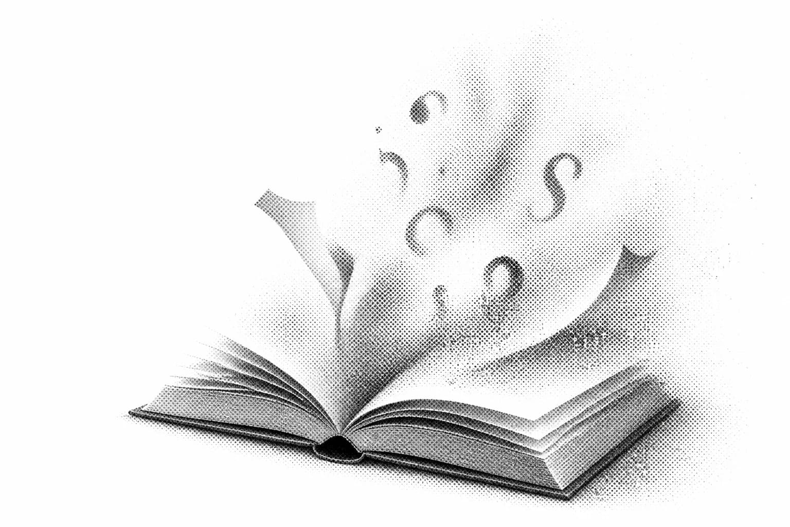 An open book releasing letters and punctuation in a field of dots